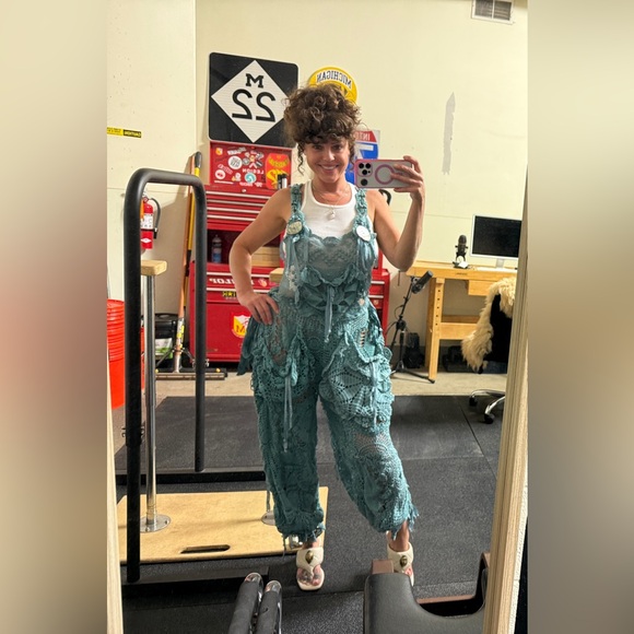 Magnolia Pearl Pants - Magnolia Pearl Teal Crochet Silk Ribbon Patchwork Overalls ⭐️Please Read